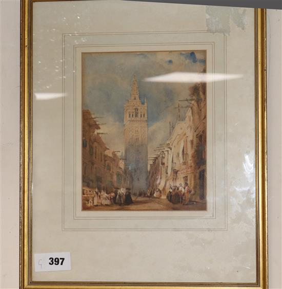 Manner of Samuel Prout, watercolour, Seville street scene, 9 x 7in.